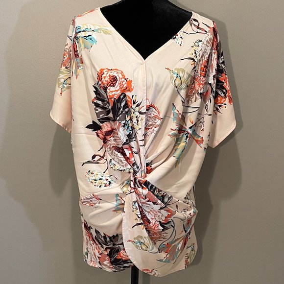 None Tops - D'Bella Womens 1/2 Sleeve Faux Wrap Floral Print Tunic Top sz L